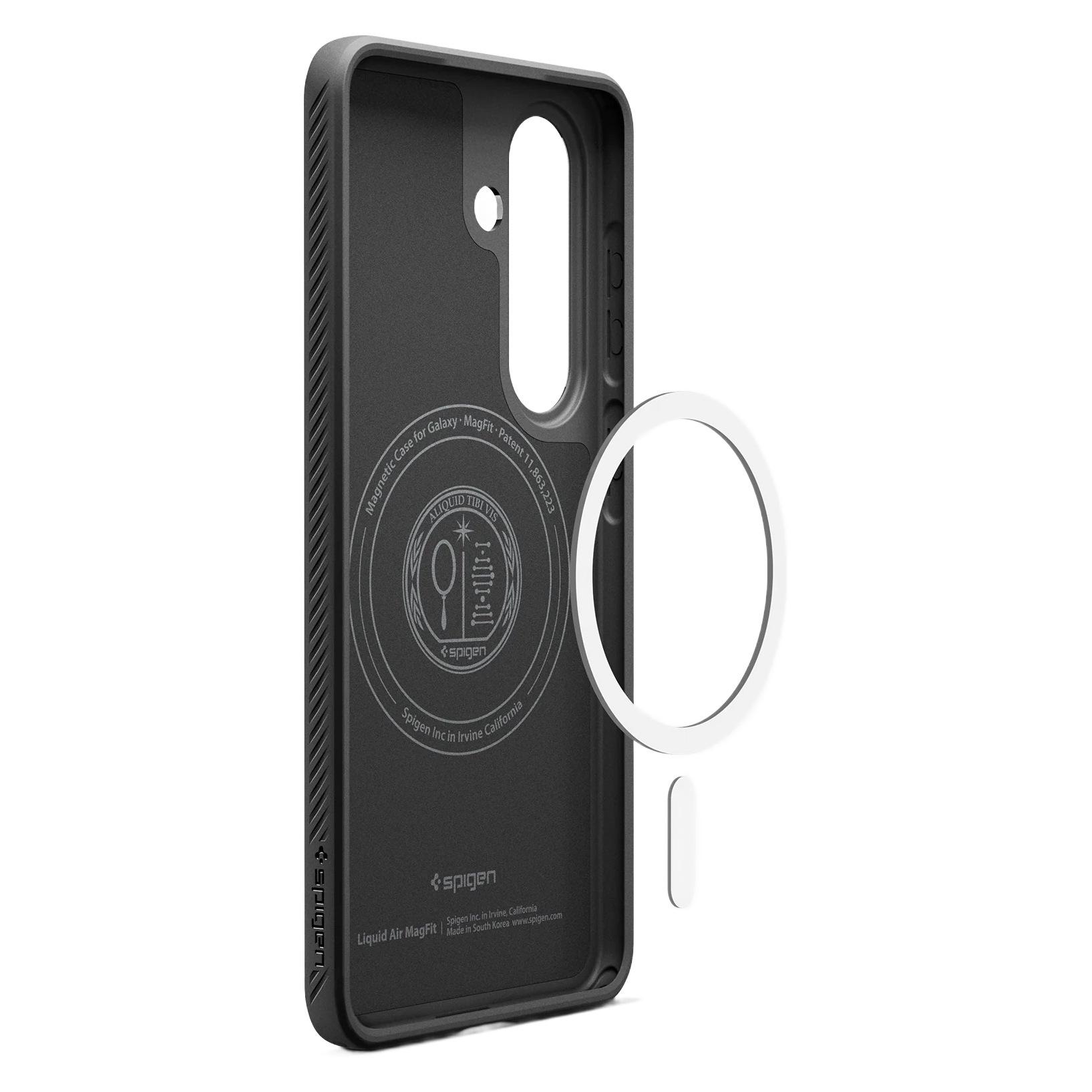 Zwarte telefoonhoes met Spigen logo en MagFit ring.