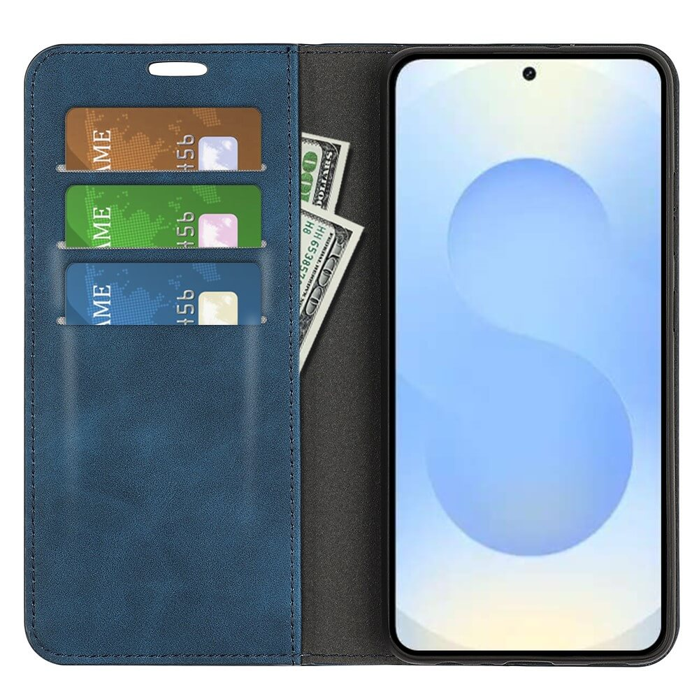 Étui de téléphone bleu avec fentes pour cartes et billets.