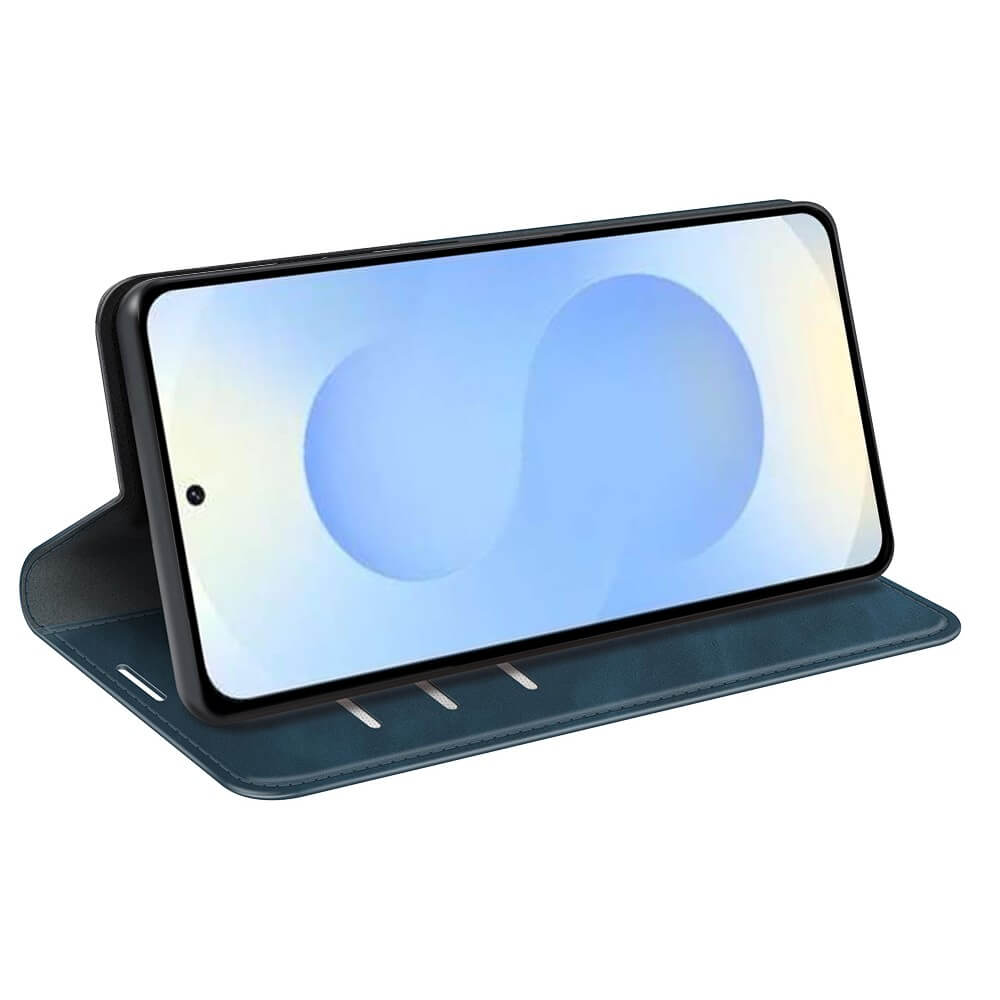 Support livre bleu foncé pour smartphone, fond clair.