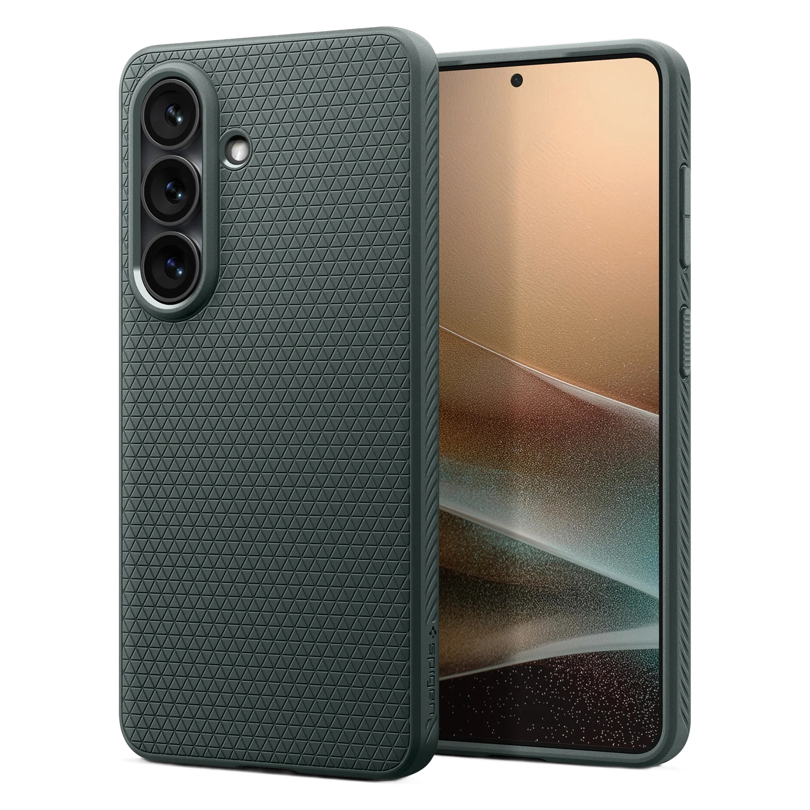 Téléphone gris foncé avec triple appareil photo et motif texturé, à côté de son écran.