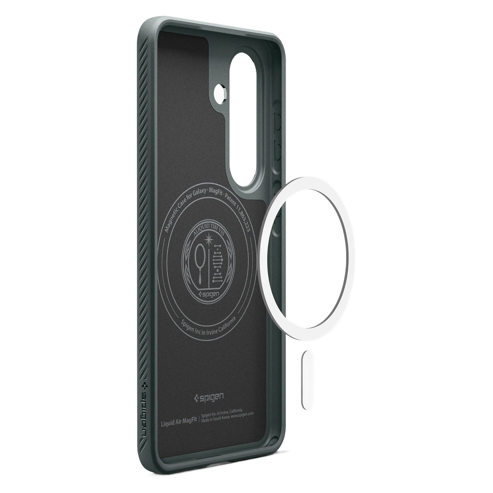 Coque de téléphone gris foncé avec un anneau magnétique blanc au dos.
