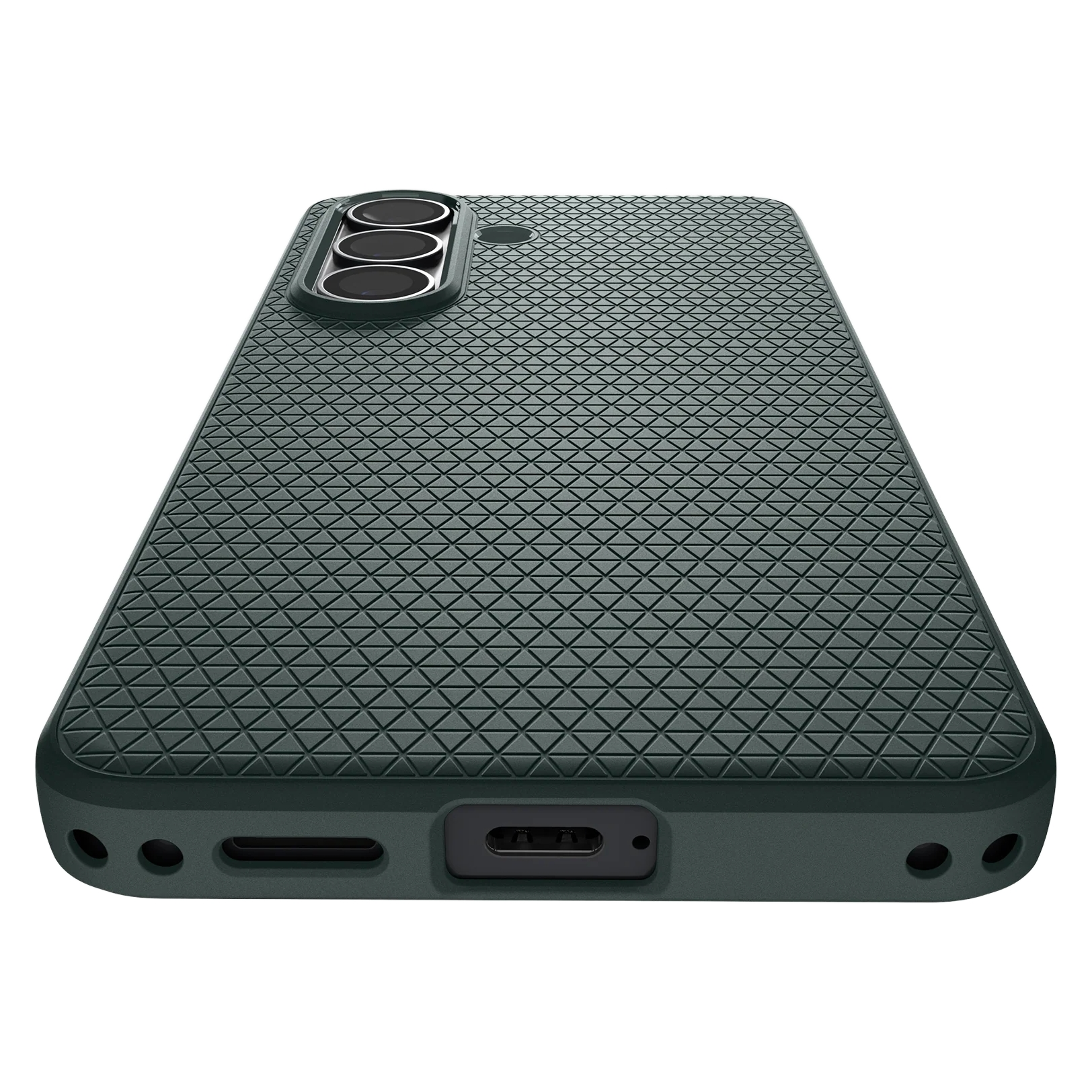Coque de téléphone vert foncé avec triple appareil photo et motif triangulaire.