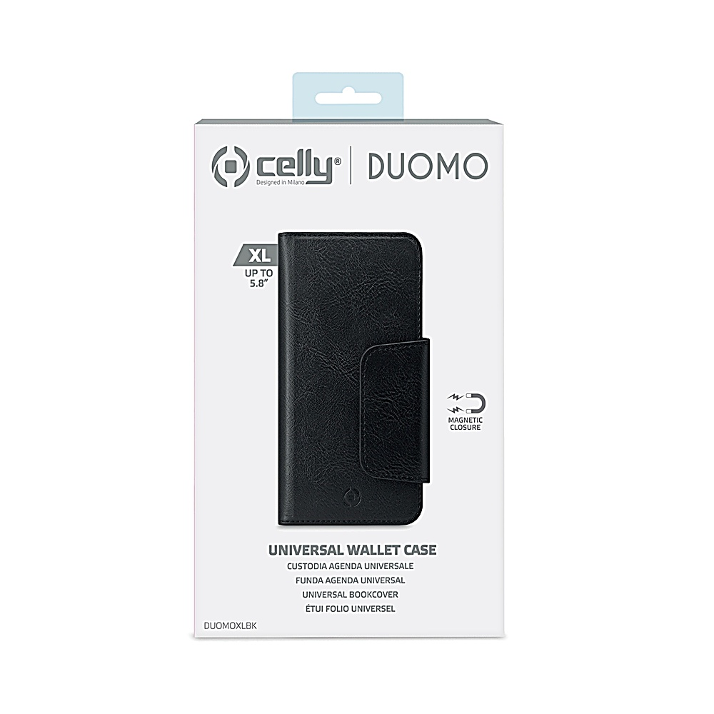 Custodia universale nera per telefoni fino a 5,8", chiusura magnetica.