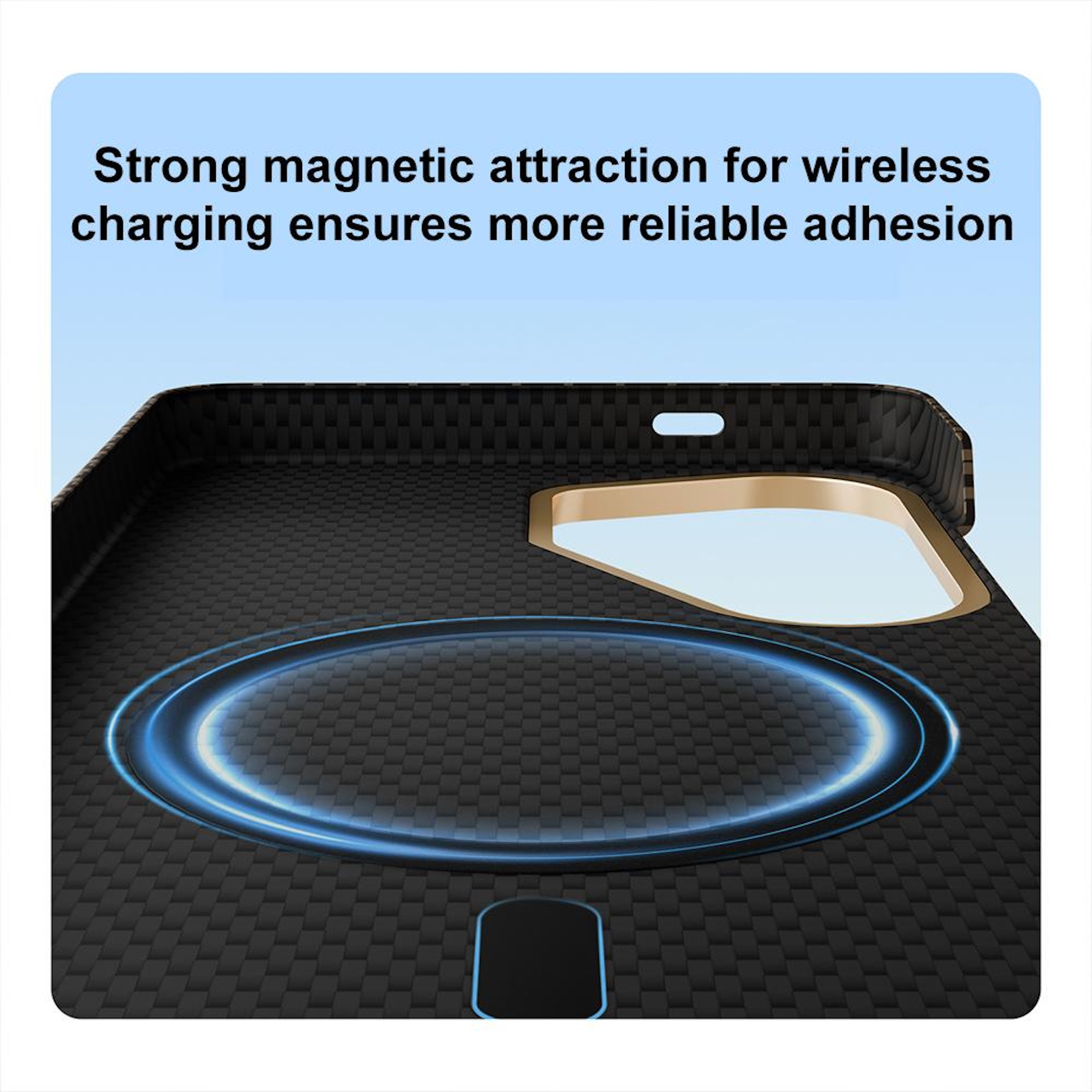Funda negra para teléfono con área de carga magnética y efectos de luz azul.