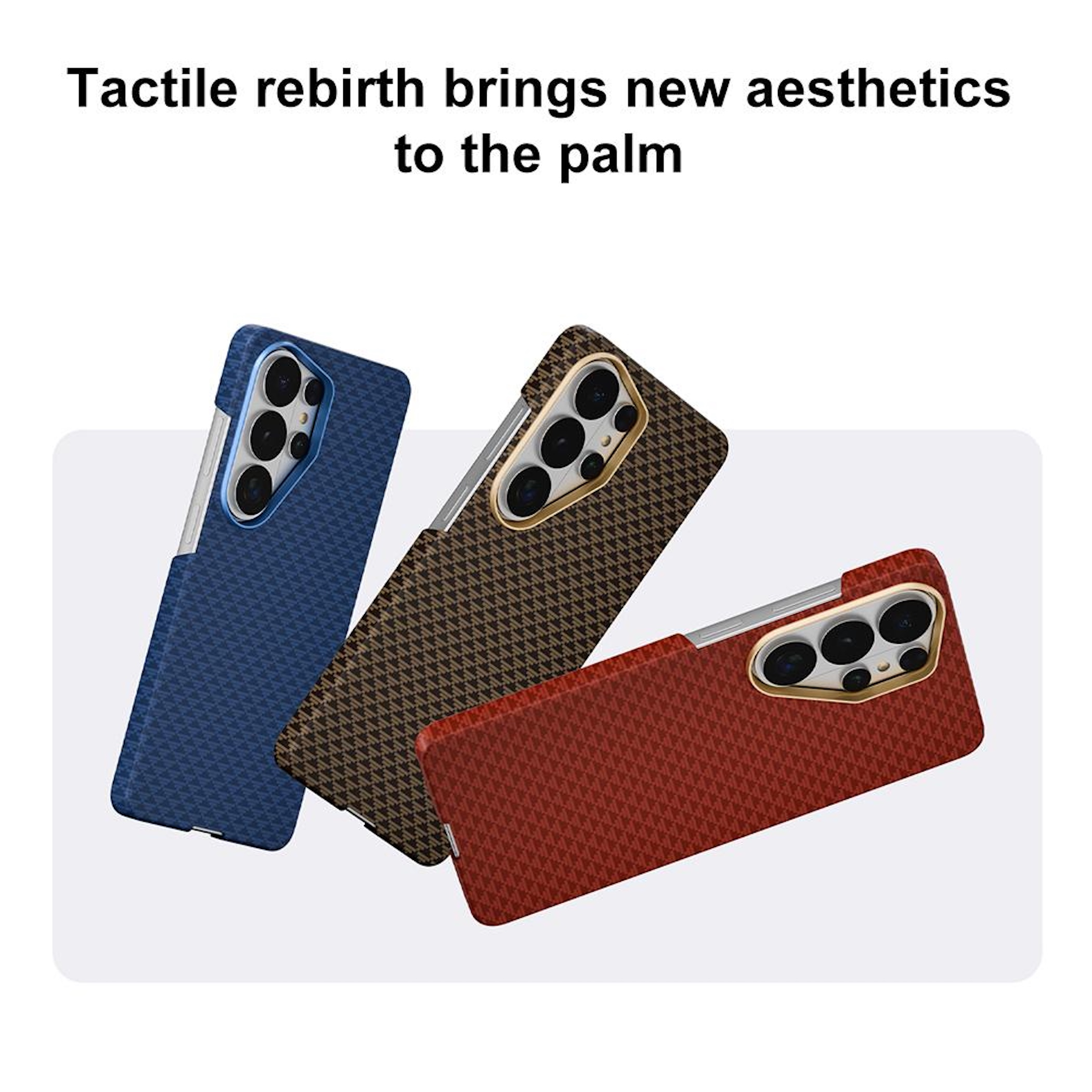 Tres fundas de teléfono en rojo, marrón y azul con patrón y módulo de cámara.