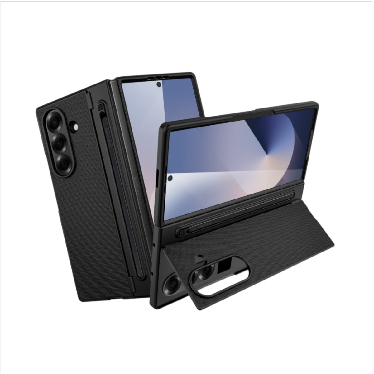 Telefono pieghevole nero con stilo e fotocamere su sfondo bianco.