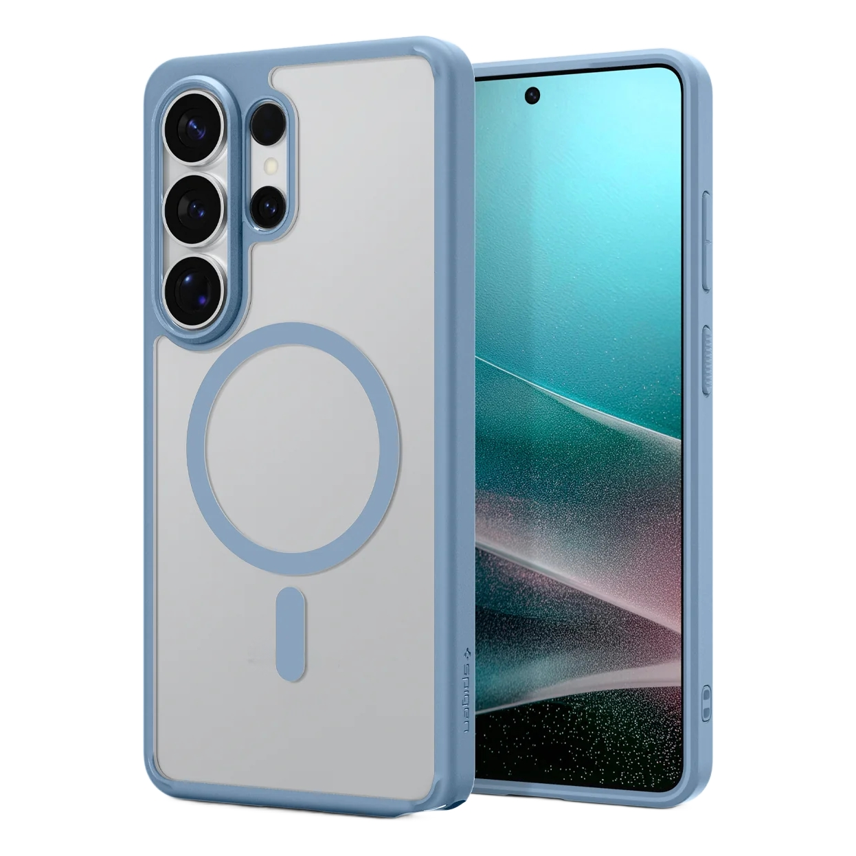 Een blauwe telefoonhoes met MagSafe-ring en doorzichtige achterkant naast een smartphone.