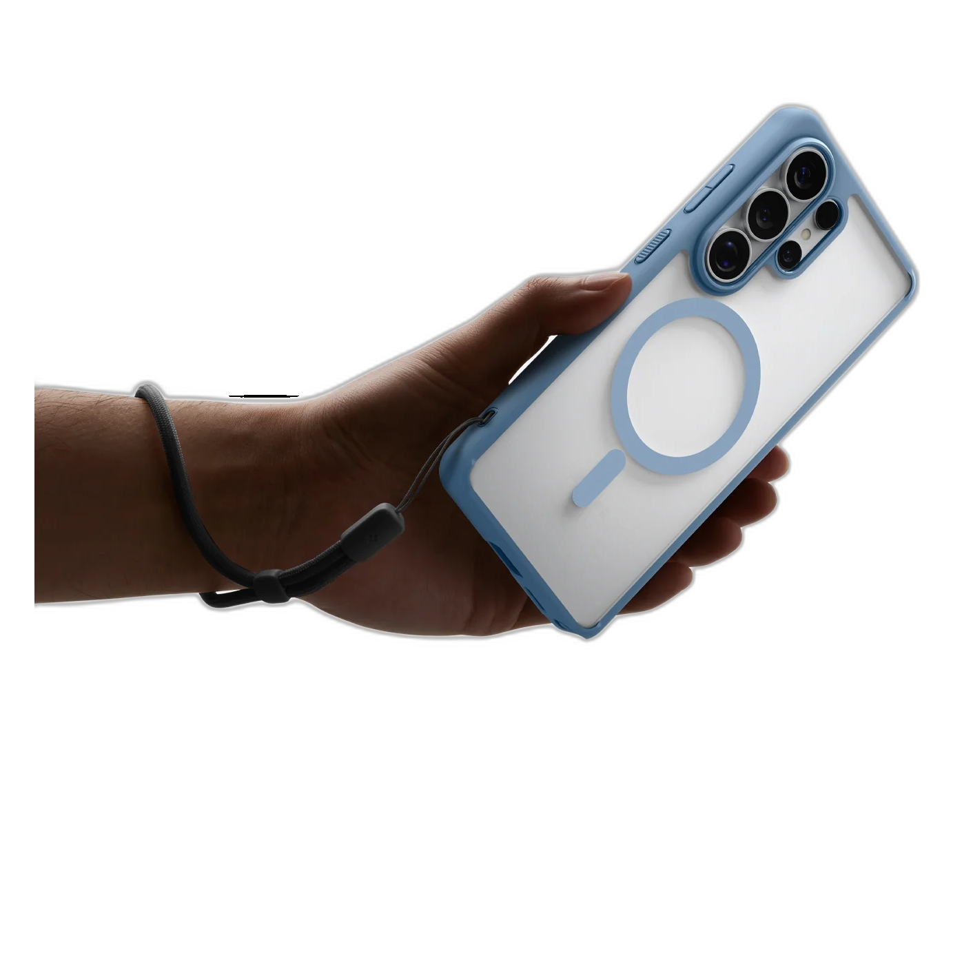 Hand met blauw-witte telefoon met magneetring en koord. Camera's zichtbaar.