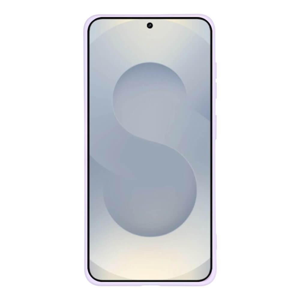 Uno smartphone viola chiaro con uno sfondo stilizzato a forma di S sullo schermo.