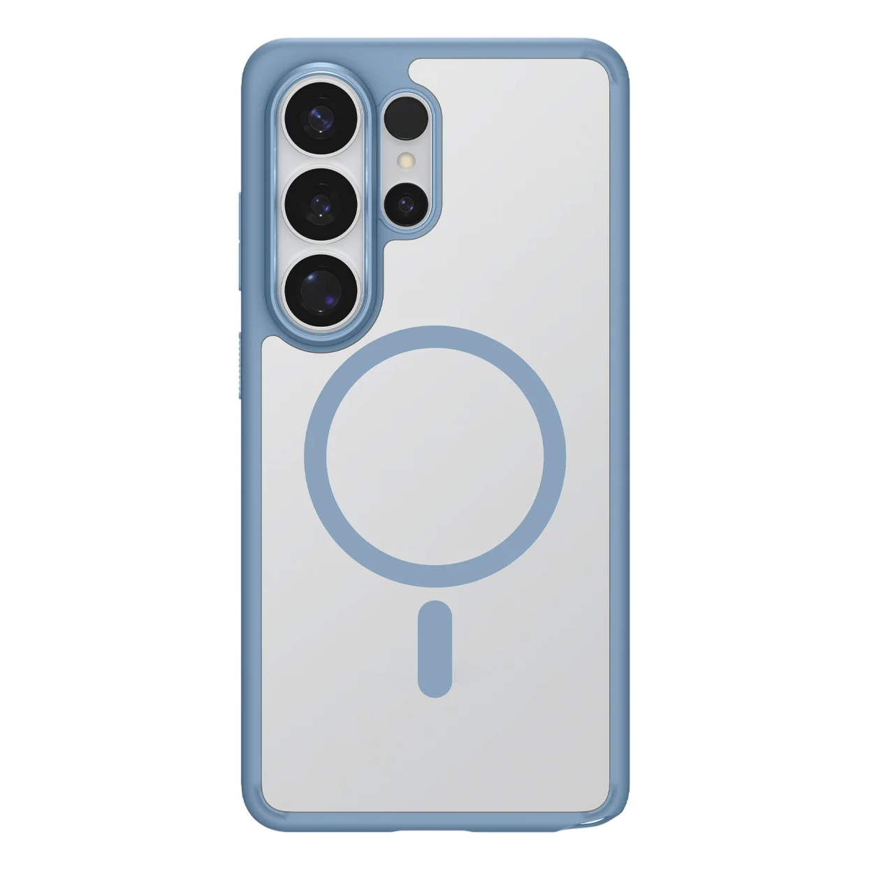 Blauw telefoonhoesje met doorzichtige achterkant en magische cirkel.