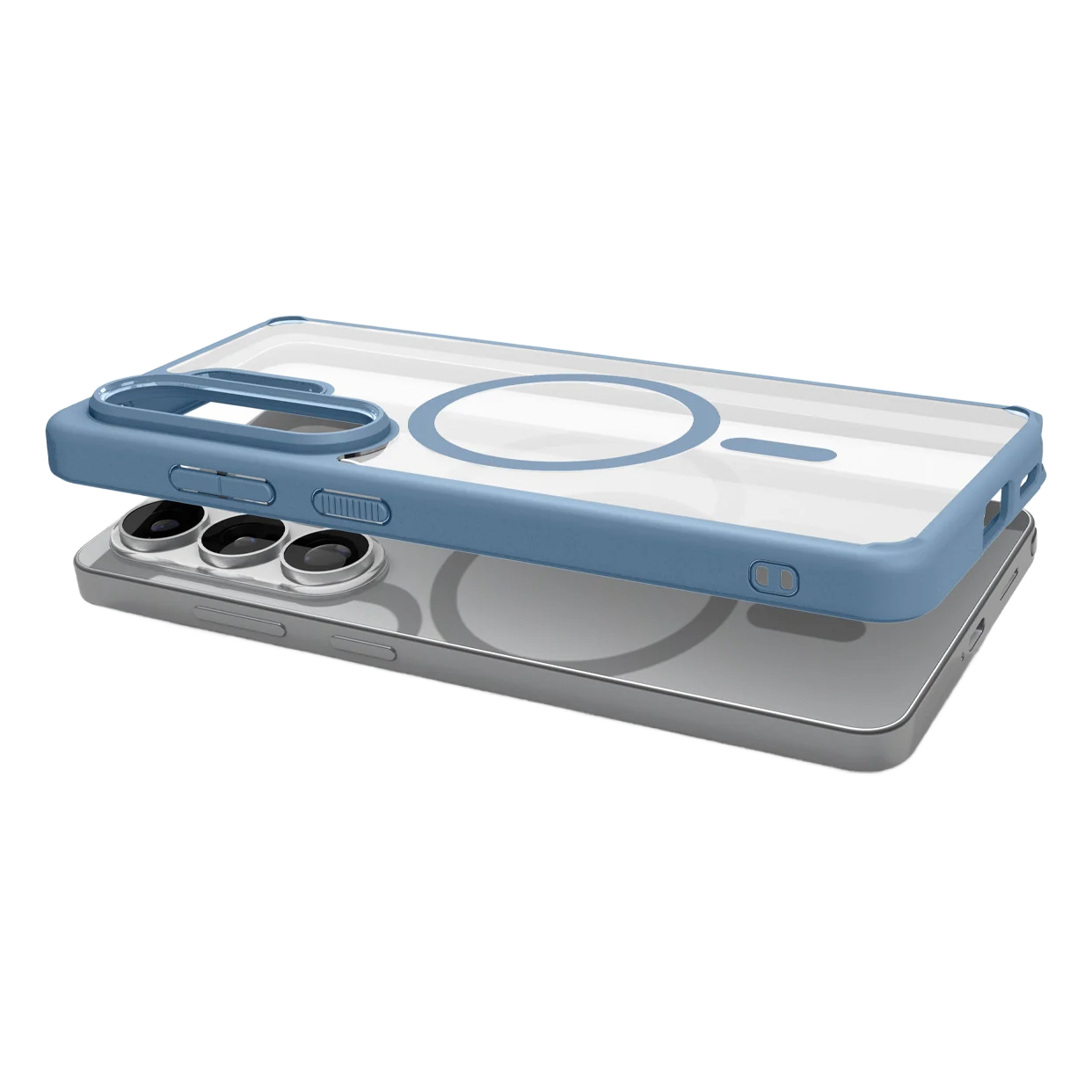 Een blauwe telefoonhoes rust over een zilveren smartphone met drie camera's.