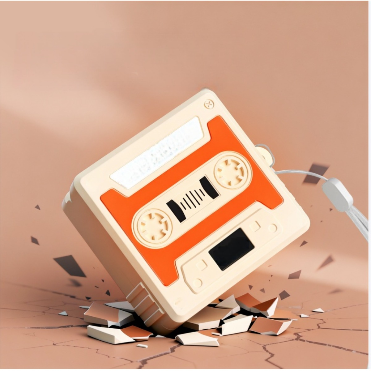 Una musicassetta beige e arancione si rompe su una superficie incrinata.