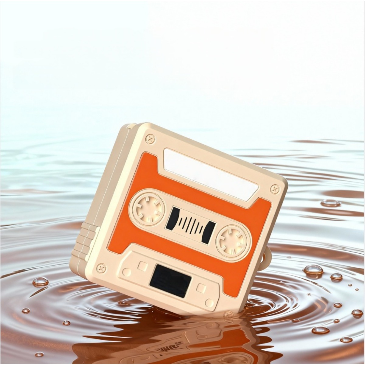 Una musicassetta arancione e bianca galleggia in acqua marrone con increspature e bolle.