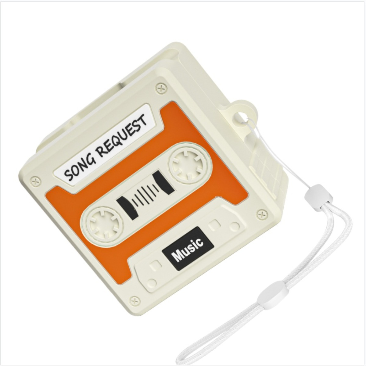 Una custodia a forma di musicassetta con etichette "Song Request" e "Music".