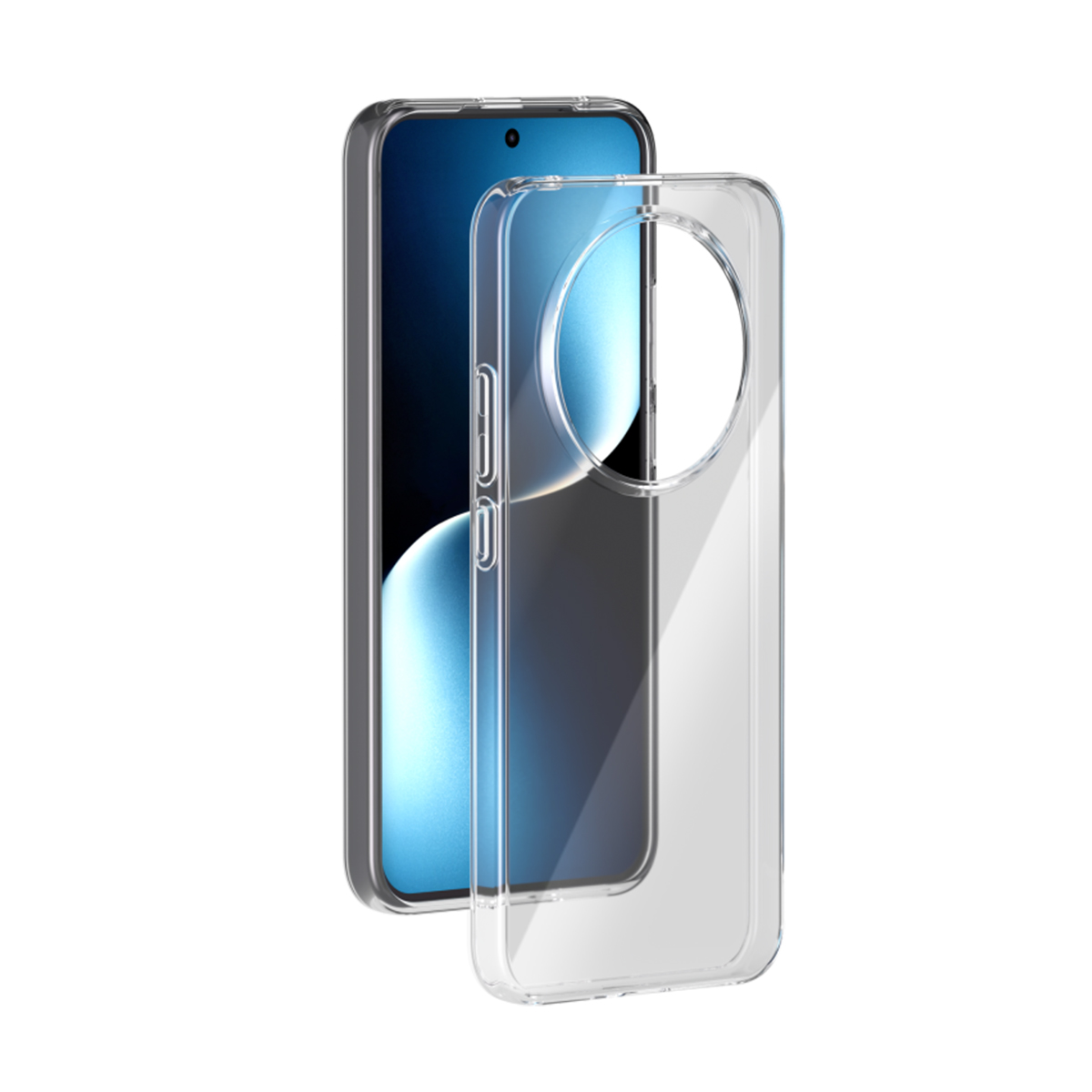 Ein durchsichtiger Handyhülle liegt neben einem Smartphone.