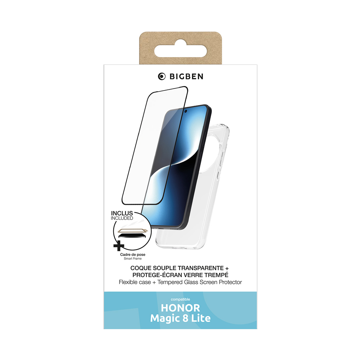 Verpackung für ein Handy-Schutzset: Transparent Hülle und Displayschutz.