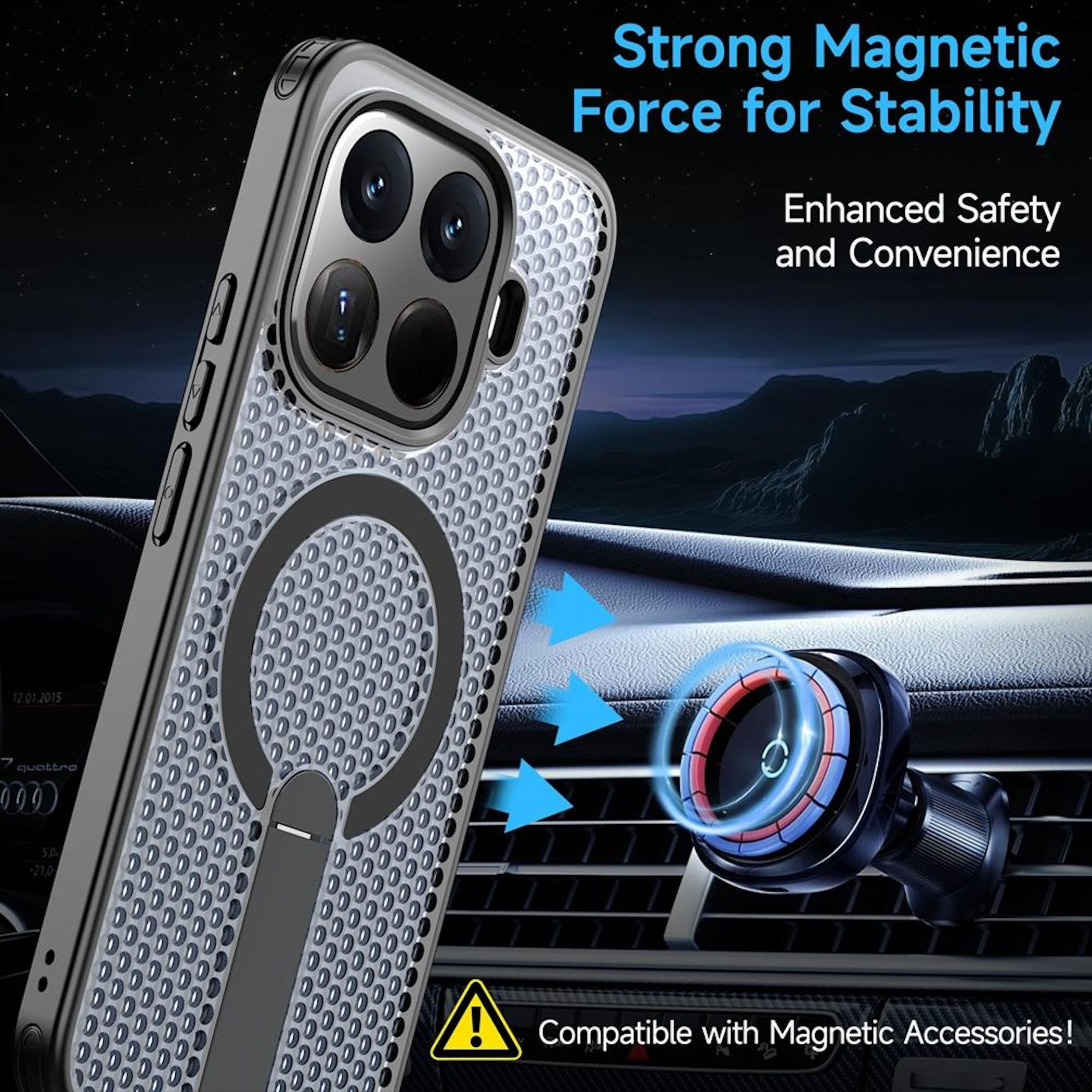 Smartphone-Hülle mit Magnet-Autohalterung. Rückseite mit Erhebungen.