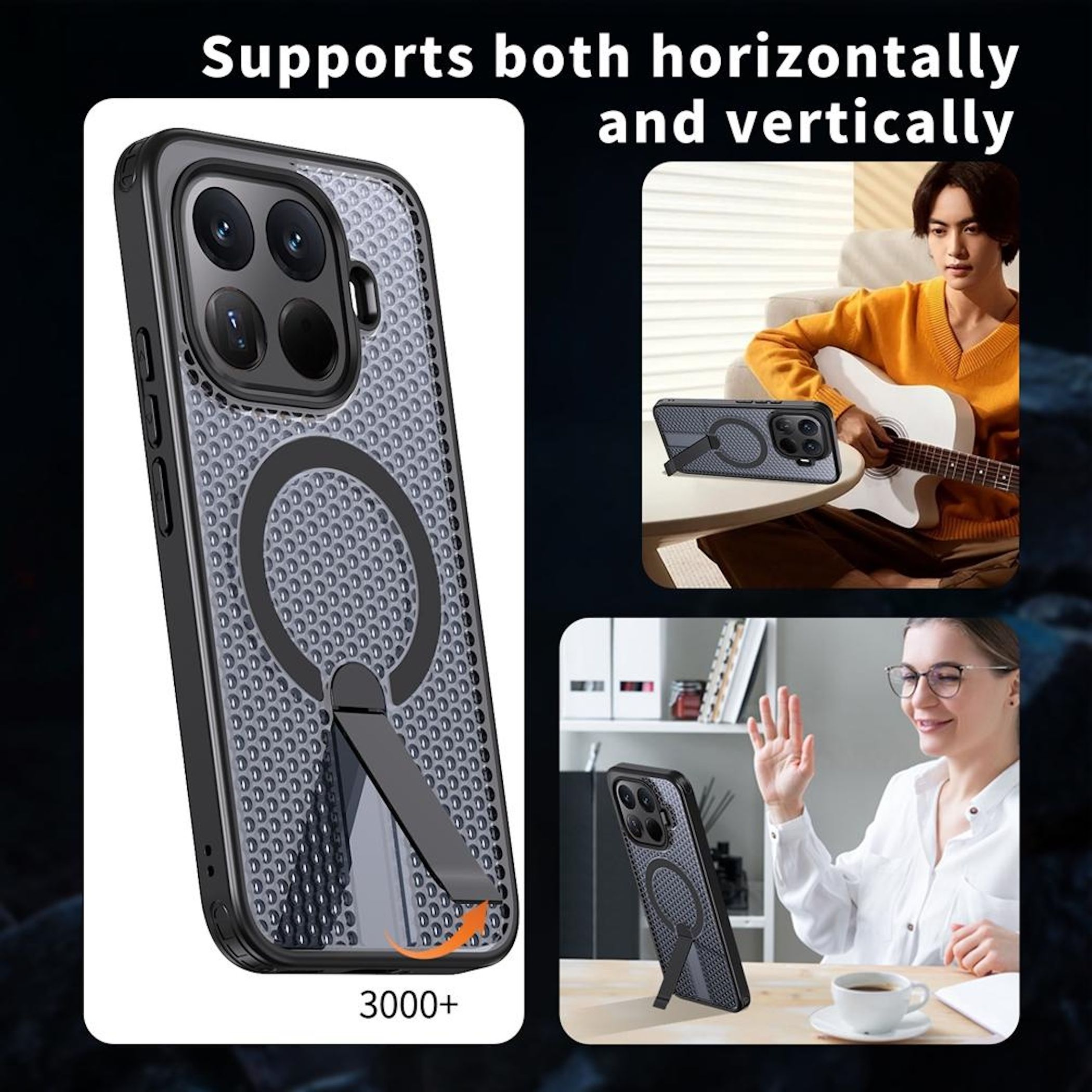 Handyhülle mit Ringhalterung, horizontal und vertikal aufgestellt.