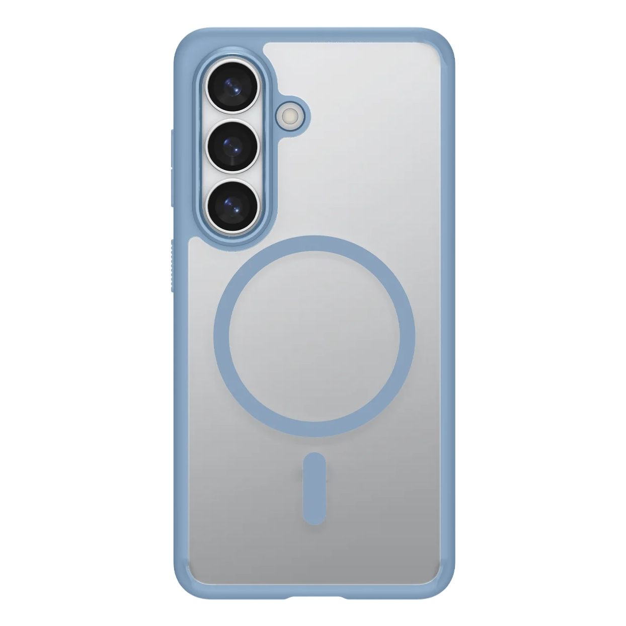Blauw telefoonhoesje met doorzichtige achterkant en drie camera's.