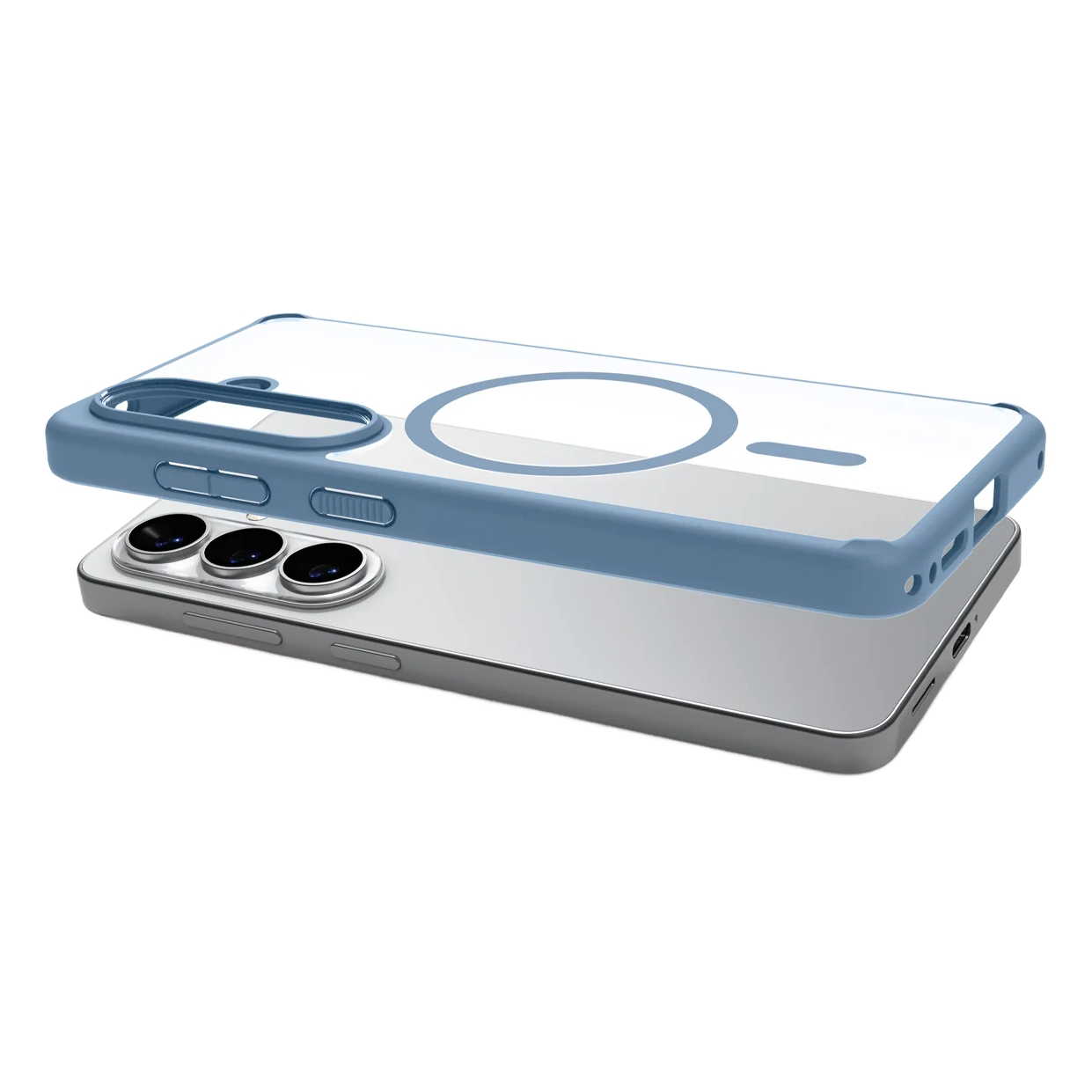 Een doorzichtige telefoonhoes met een blauwe rand wordt getoond over een zilveren smartphone.