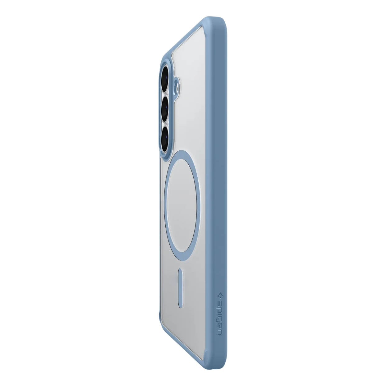 Doorzichtige telefoonhoes met blauwe rand en magneetring.