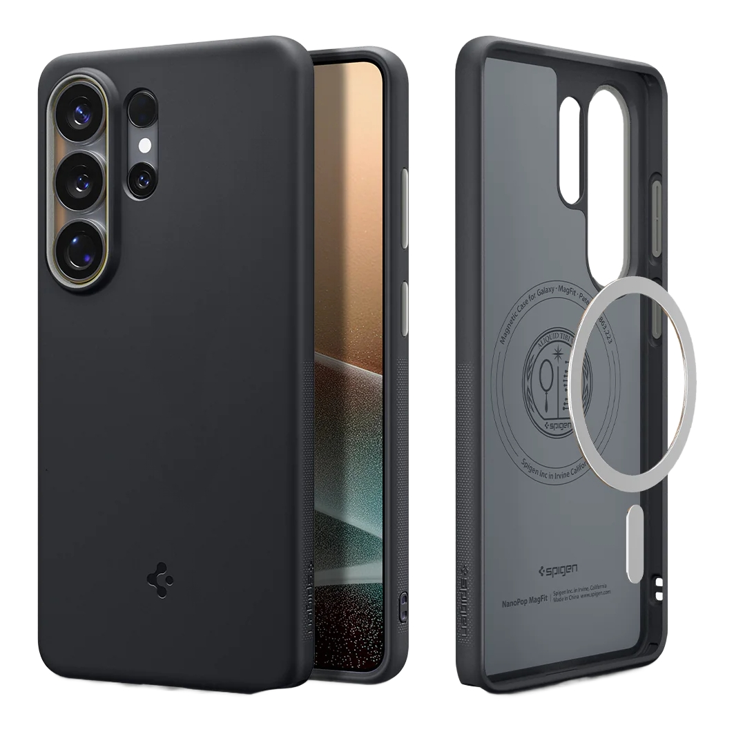 Coque de téléphone noire avec trois objectifs de caméra arrière et un dos transparent.