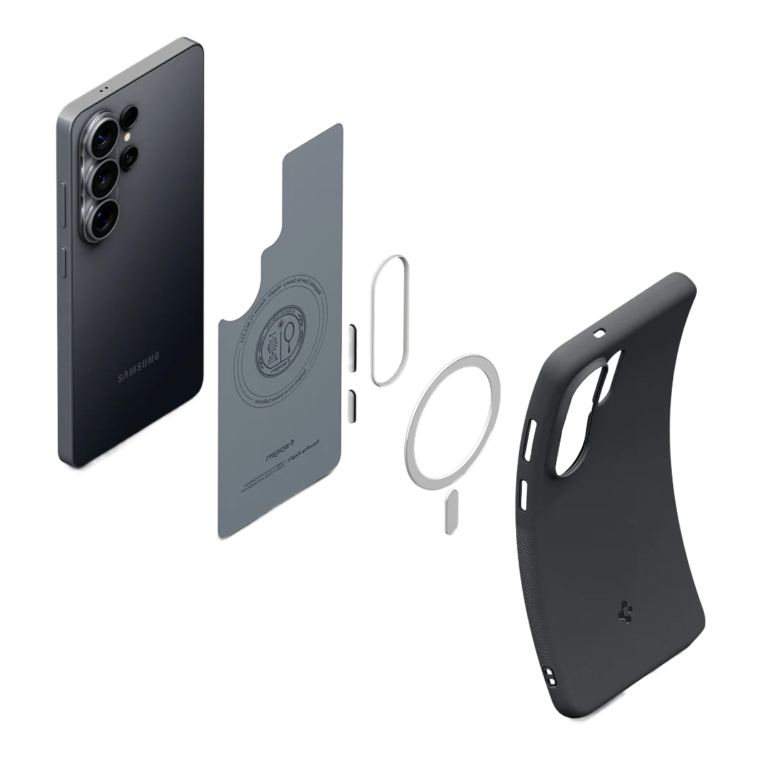 Vue éclatée d'un téléphone Samsung noir avec accessoires comme coque et anneau.