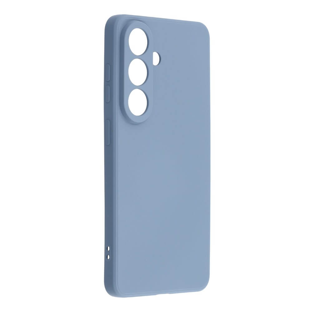 Una cover per telefono blu chiaro con tre ritagli circolari per fotocamere.