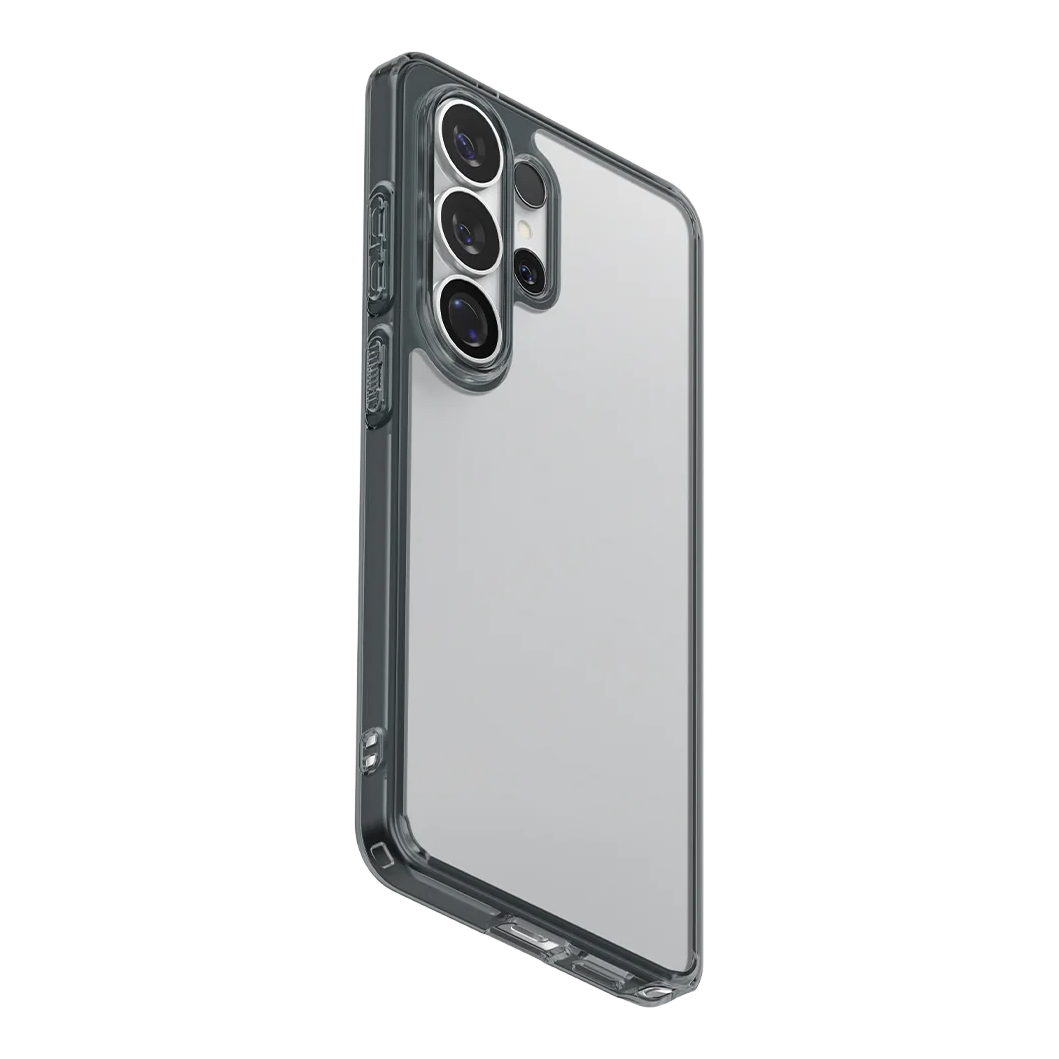 Een doorzichtige telefoonhoes met donkere randen en een camera-array.