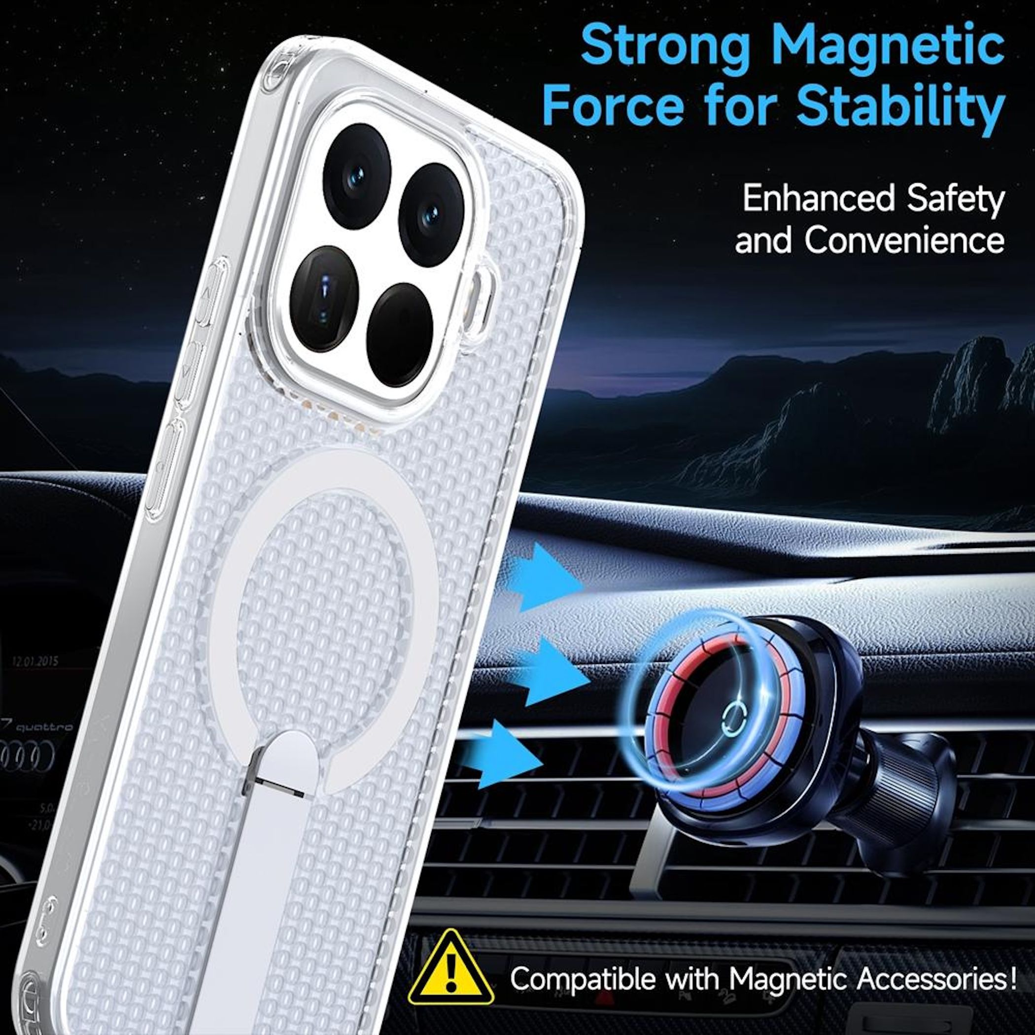 Eine Handyhülle mit Magnetring, die an einem Autoluftauslass befestigt ist.