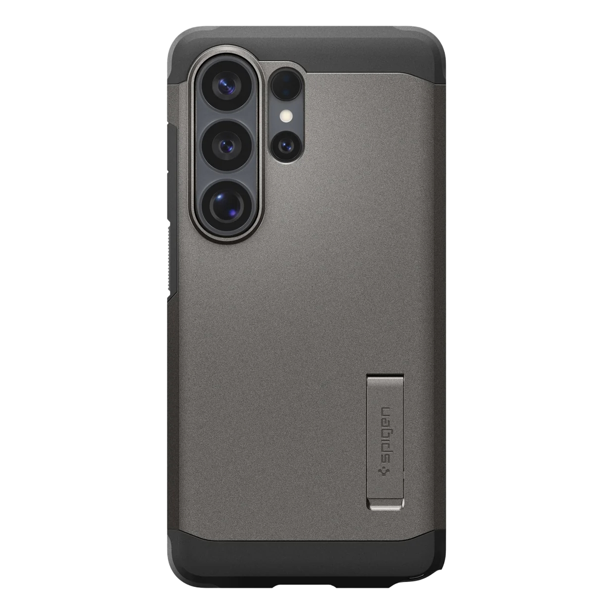Grijze telefoonhoes met drie camera's en een standaard.