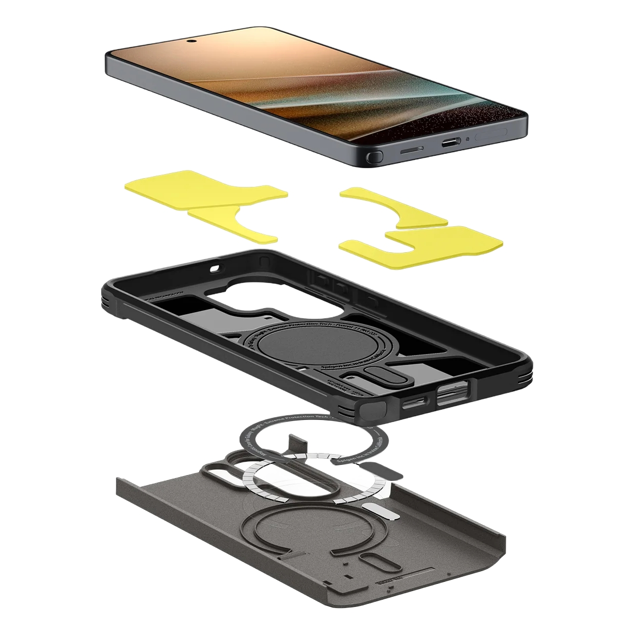 Een smartphone gelaagd over een zwarte telefoonhoes, gele inzetstukken en een magnetische houder.