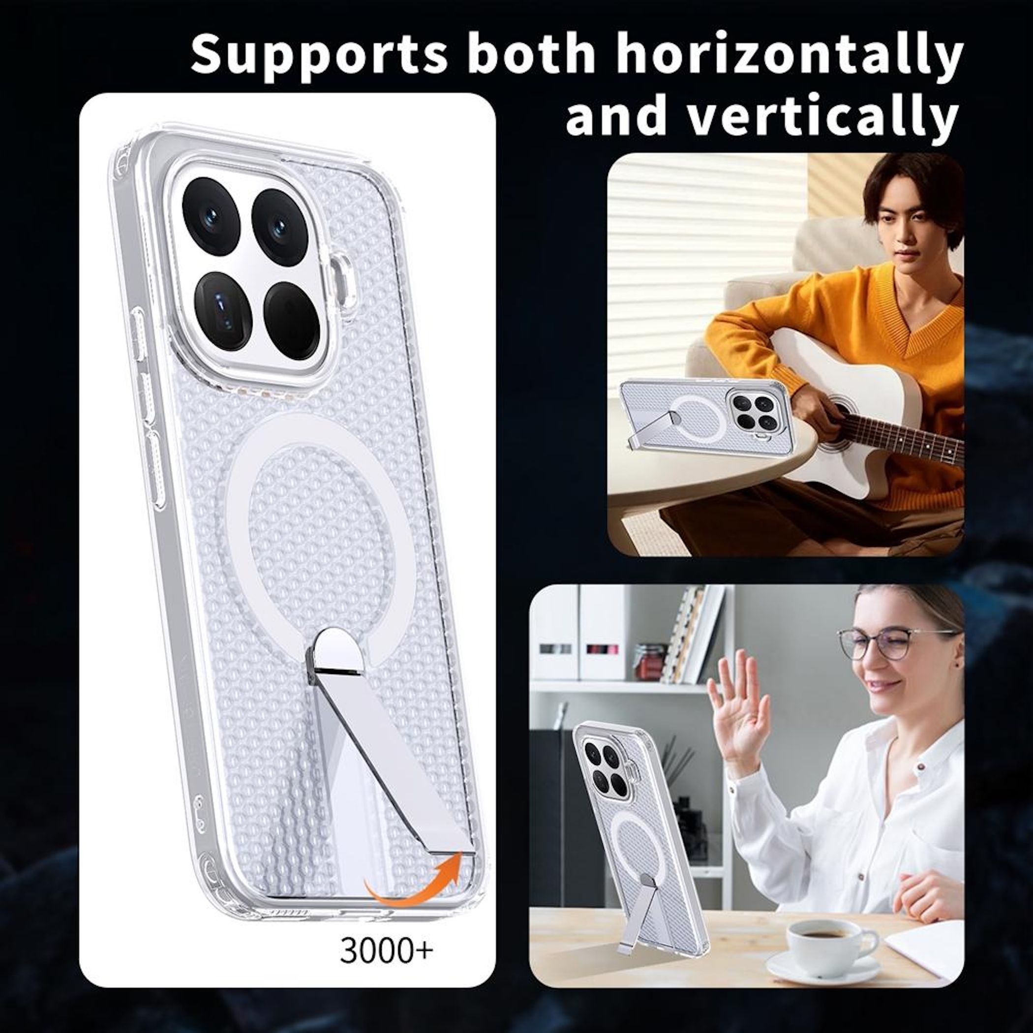 Transparente Handyhülle mit Ständer, horizontal und vertikal aufgestellt.