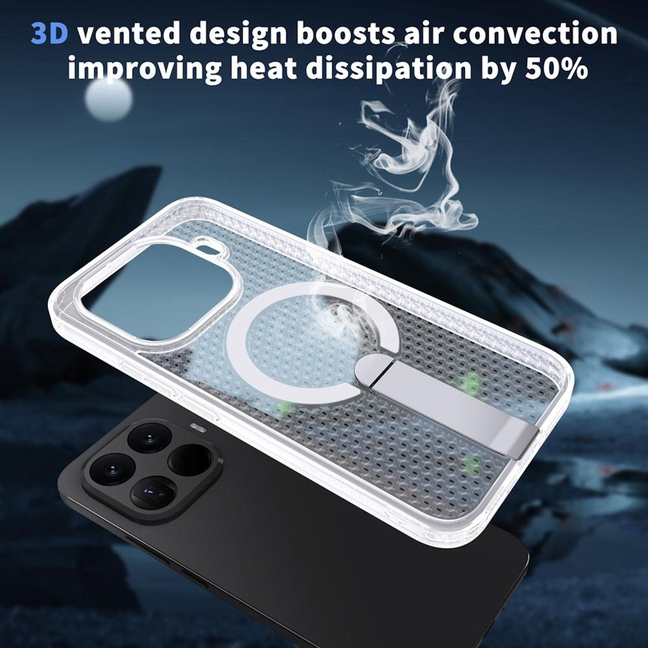 Transparente Handyhülle mit Belüftungsdesign auf einem schwarzen Handy.
