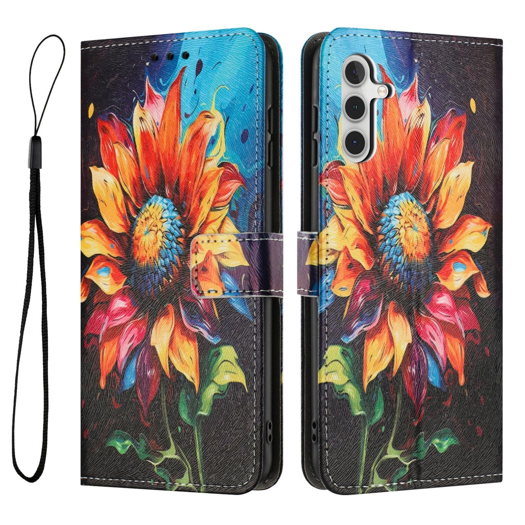 Buntes Sonnenblumen-Flip-Case mit Lanyard und Kameraaussparung.