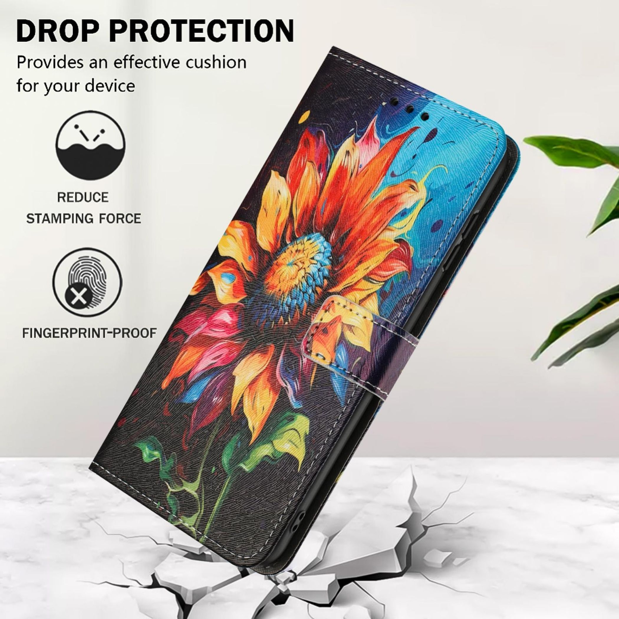 Eine bunte florale Handyhülle mit Sturzschutz und Fingerabdruck-Schutz.