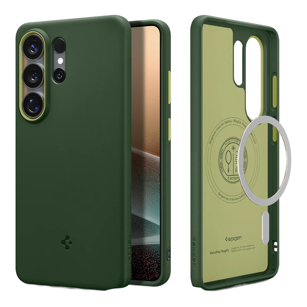 Coque de téléphone vert foncé avec bosses de caméra et anneau magnétique.