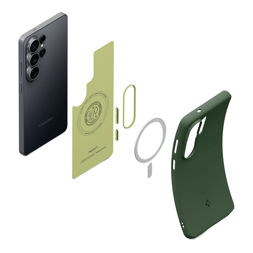 Un téléphone Samsung avec des composants de coque verte détachables, un anneau magnétique et une bande métallique.