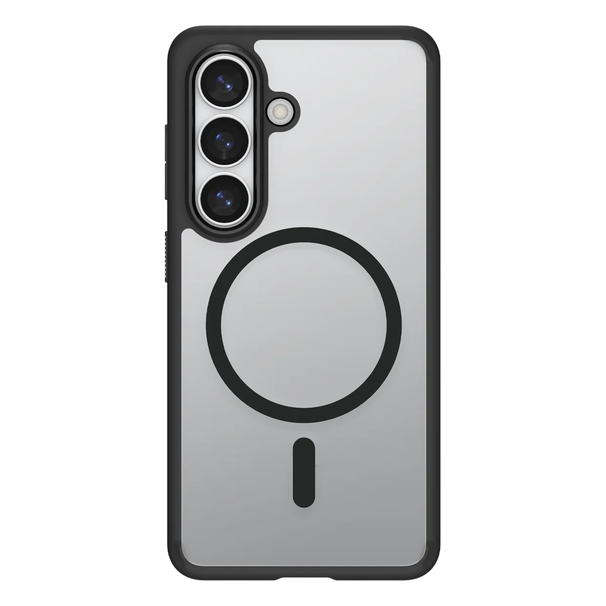Transparante telefoonhoes met zwarte rand, drie camera's en magneetring.