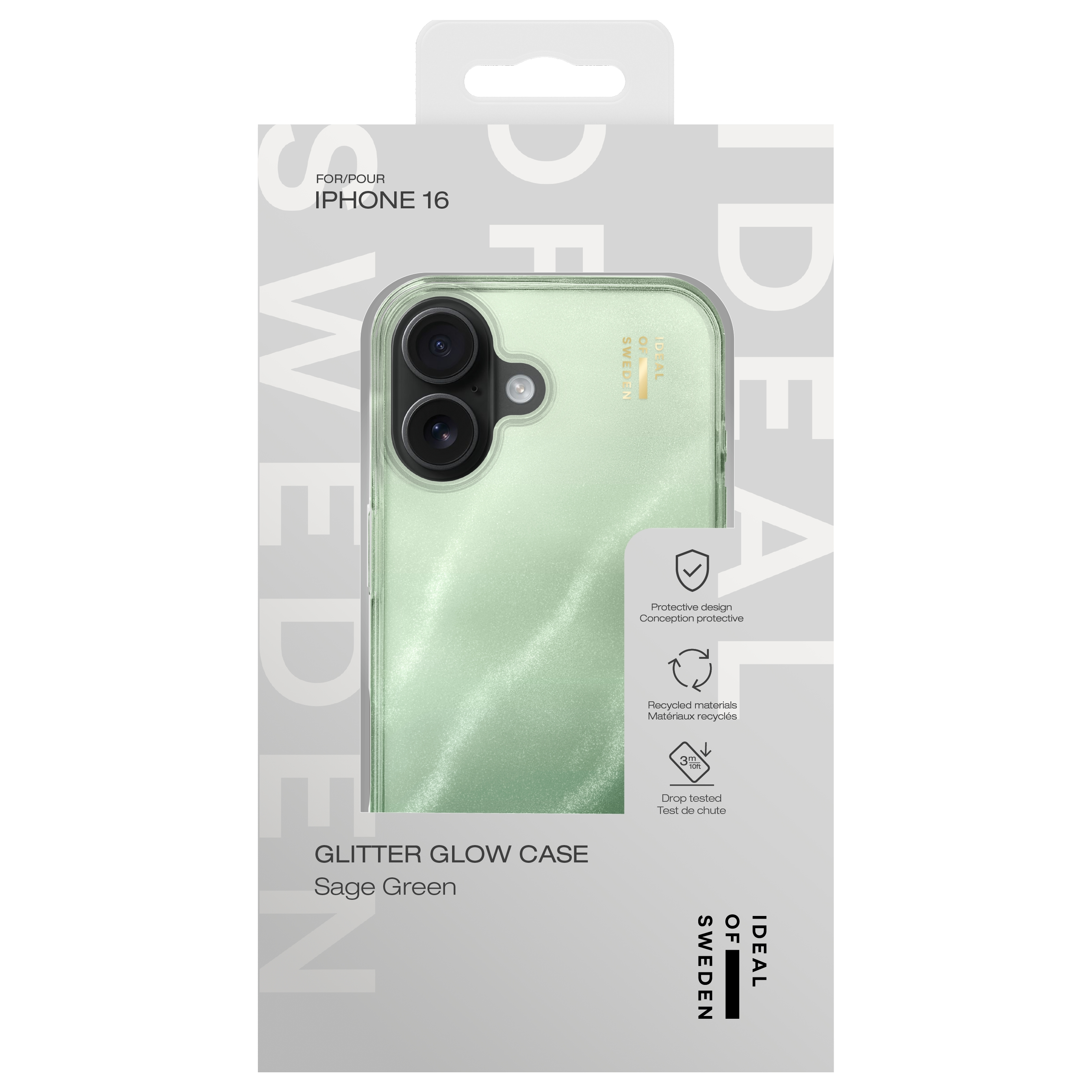 Grüne Handyhülle für iPhone 16 mit Glitzerdetail und Markenschriftzug.