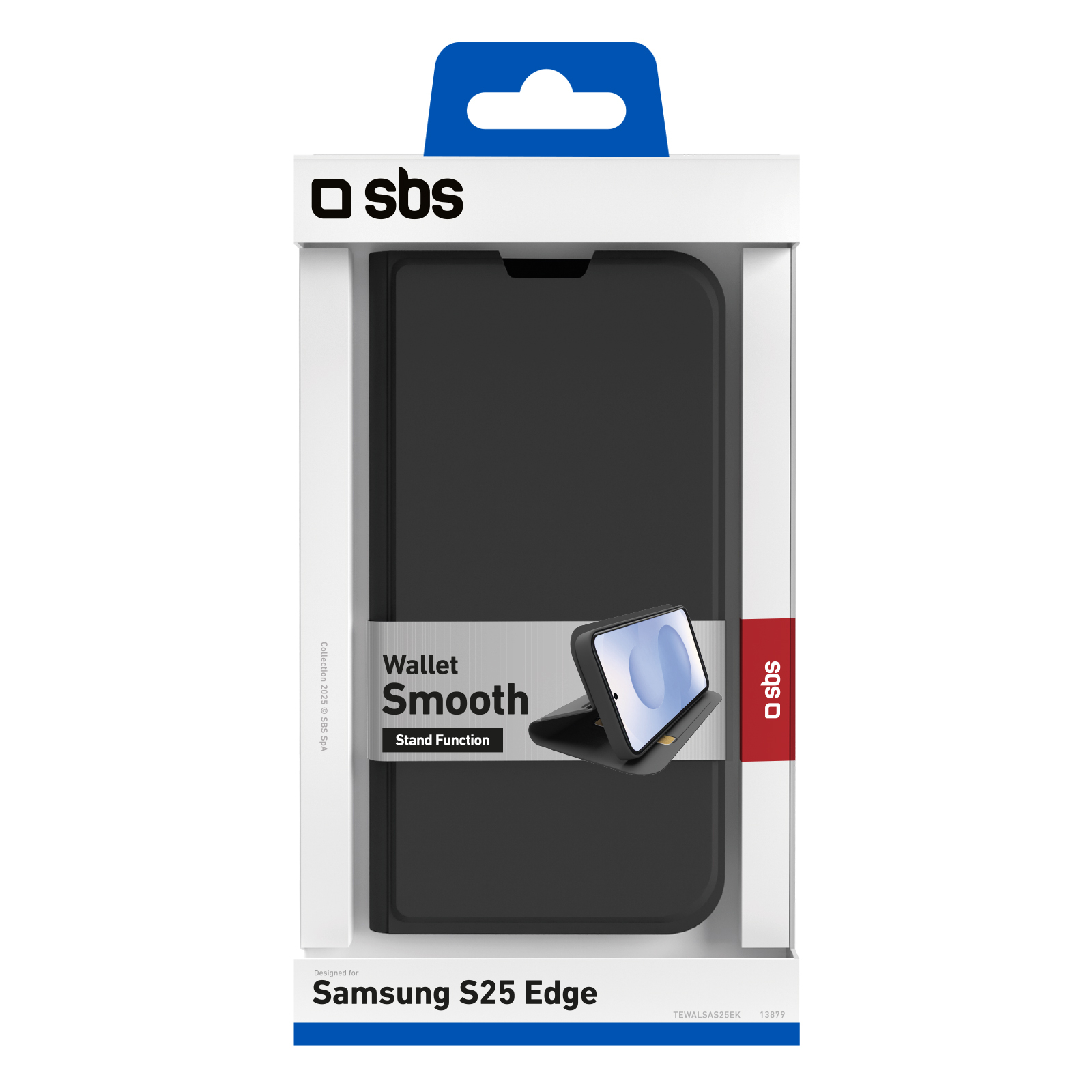 Cartera negra Samsung S25 Edge con función de soporte en el embalaje.