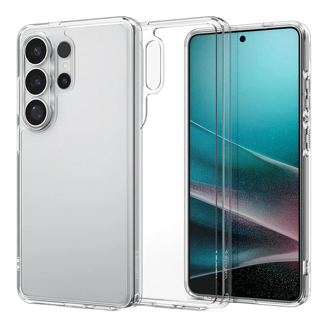 Coque de téléphone transparente avec découpe caméra. Écran visible.