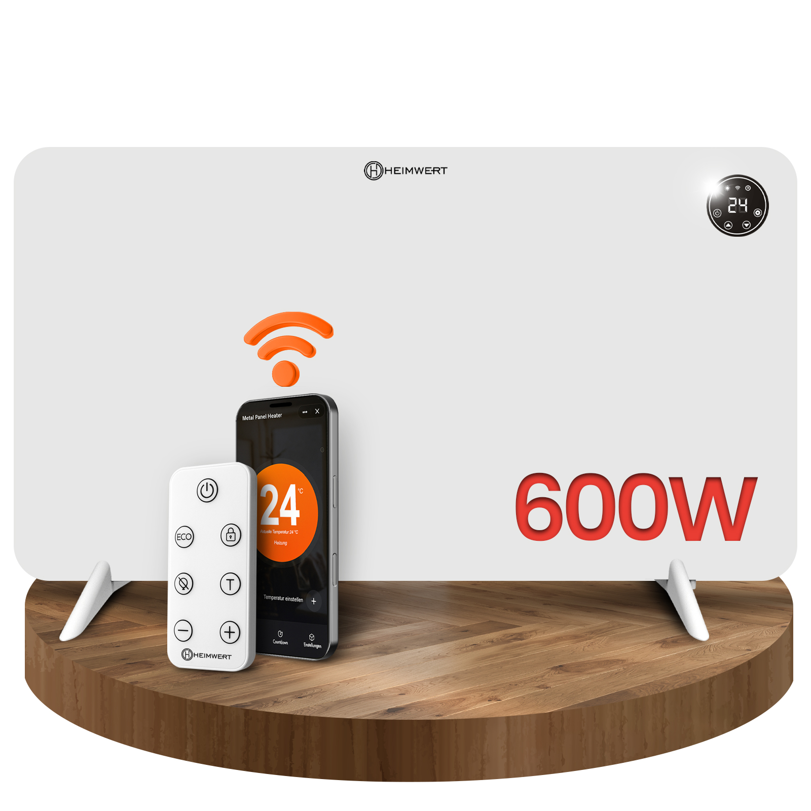 Ein weißer Heizkörper mit Fernbedienung und Smartphone-App. 600W.