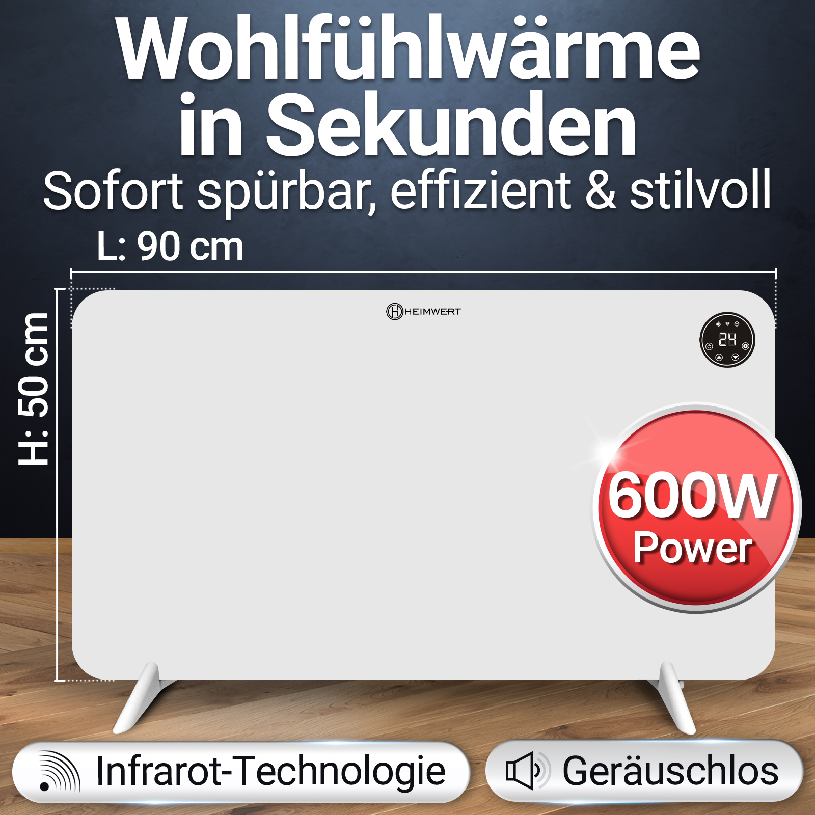Ein weißer Heizkörper mit 600W Leistung, Infrarottechnologie und digitaler Anzeige.