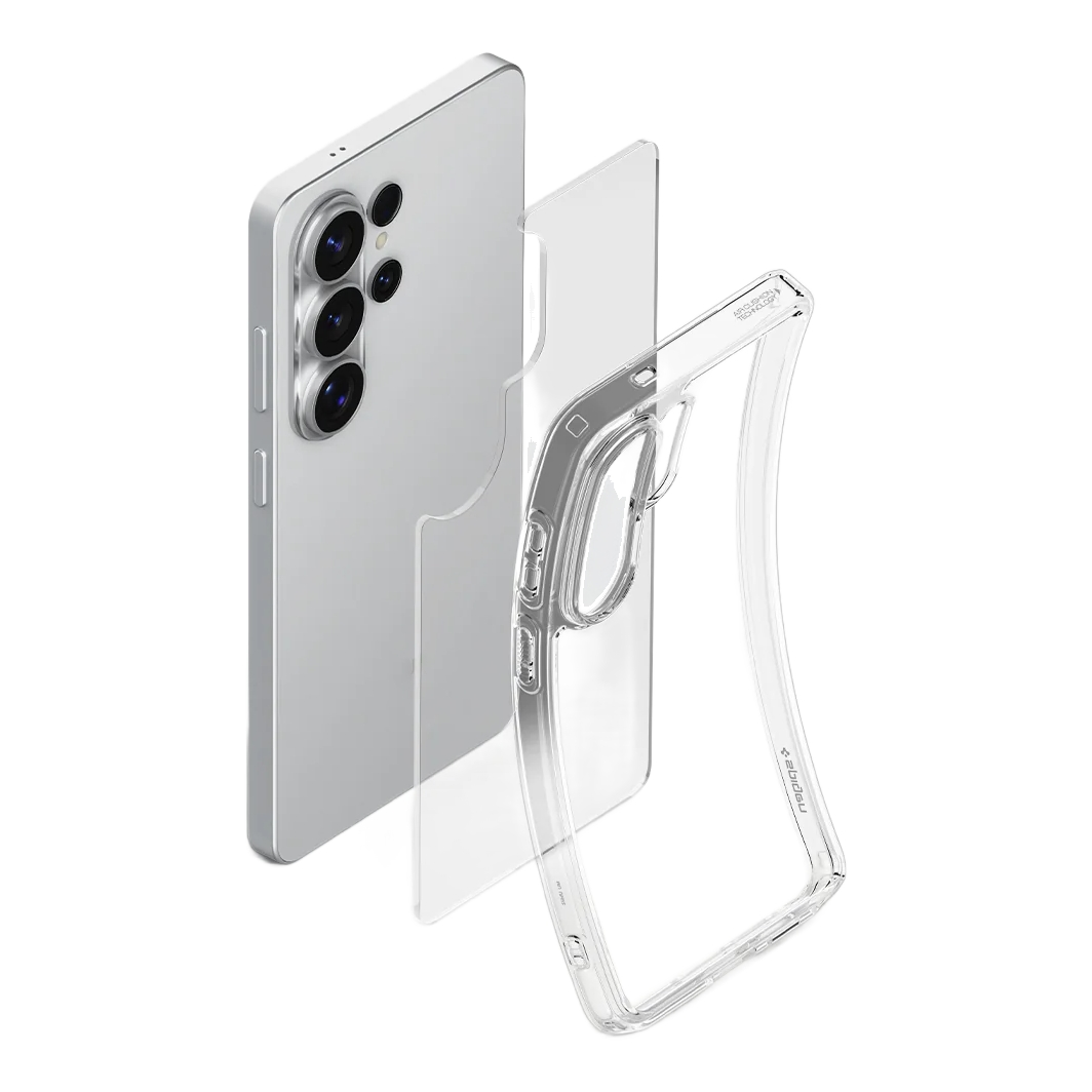 Un smartphone argenté avec trois caméras et une coque de protection transparente.