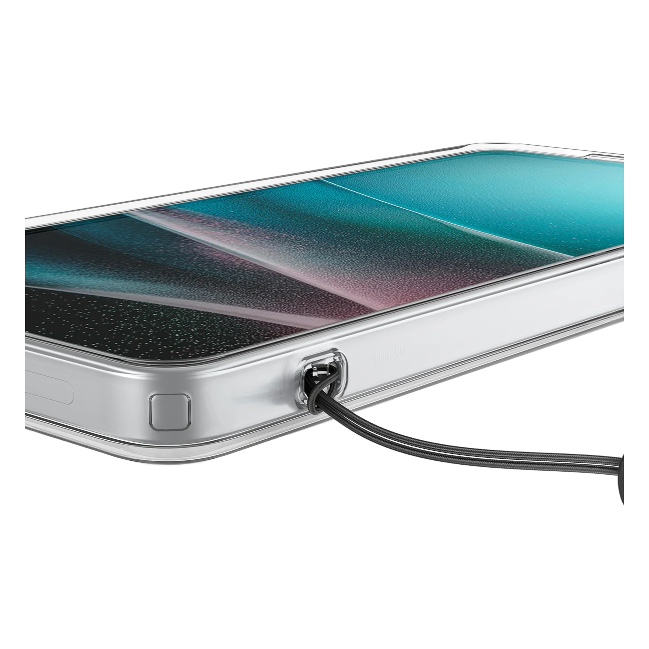 Un téléphone transparent avec un câble noir et blanc attaché en bas.