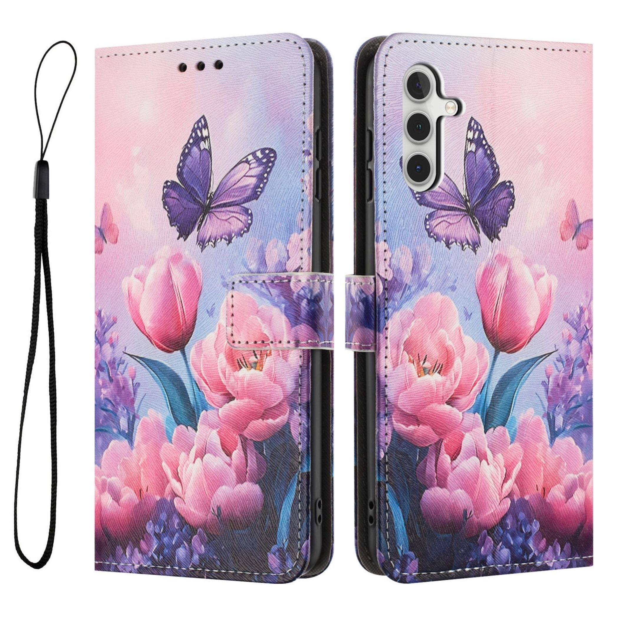 Lila Schmetterlinge und rosa Tulpen auf einer Handyhülle mit Trageschlaufe.