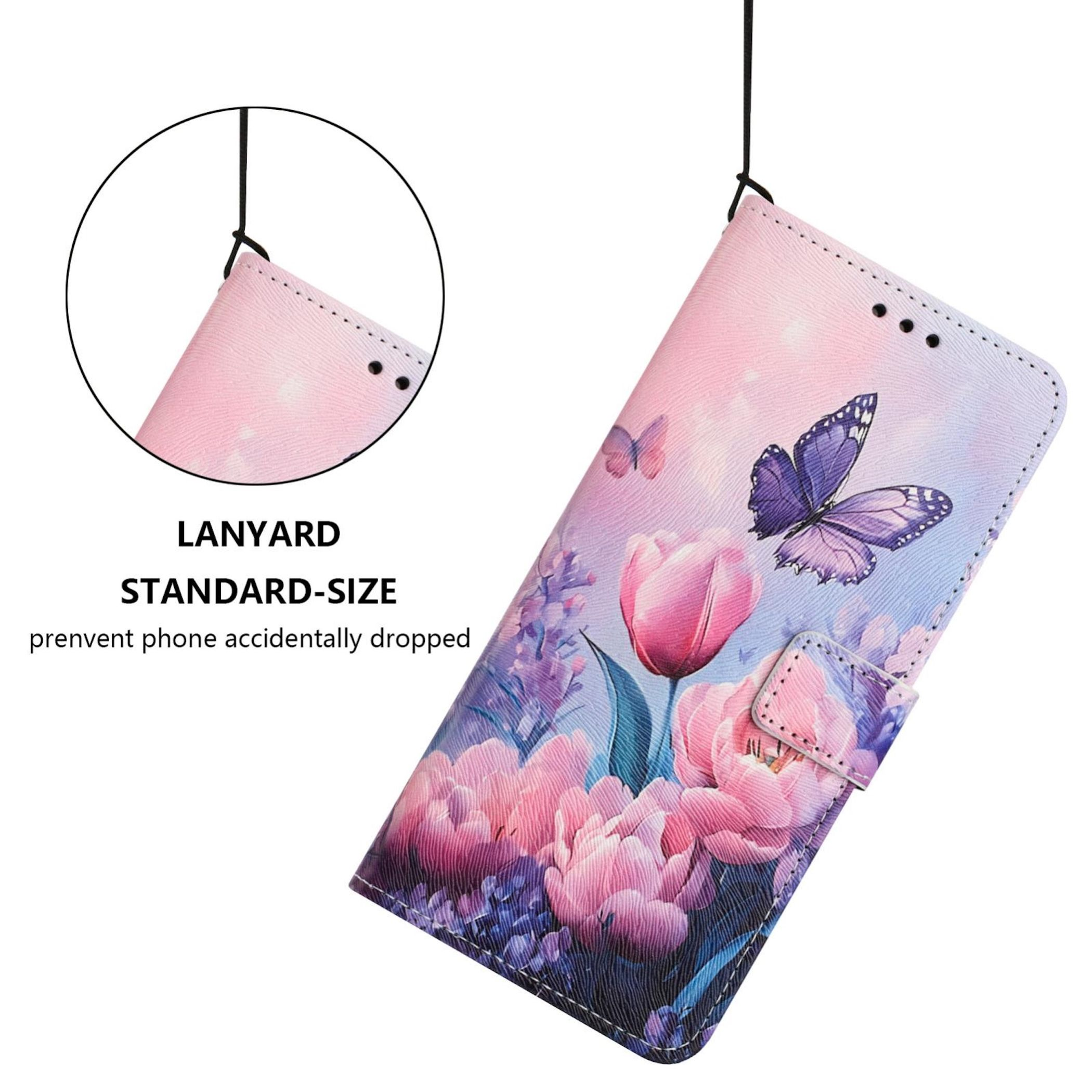 Ein rosa Handyhülle mit Blumen und Schmetterlingen, die an einer Schnur hängt.