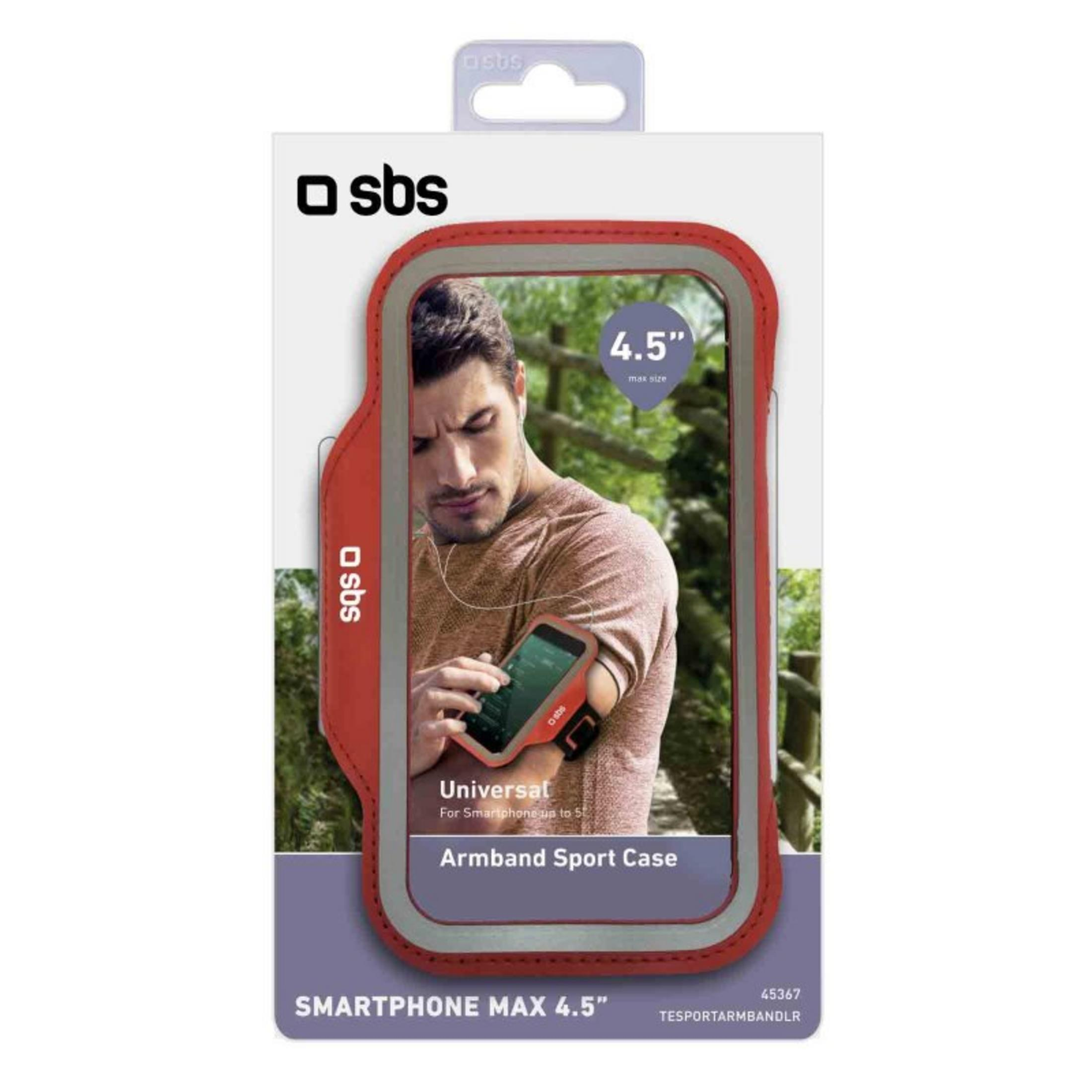 Embalaje de una brazalete deportivo rojo para smartphones de hasta 4.5 pulgadas.