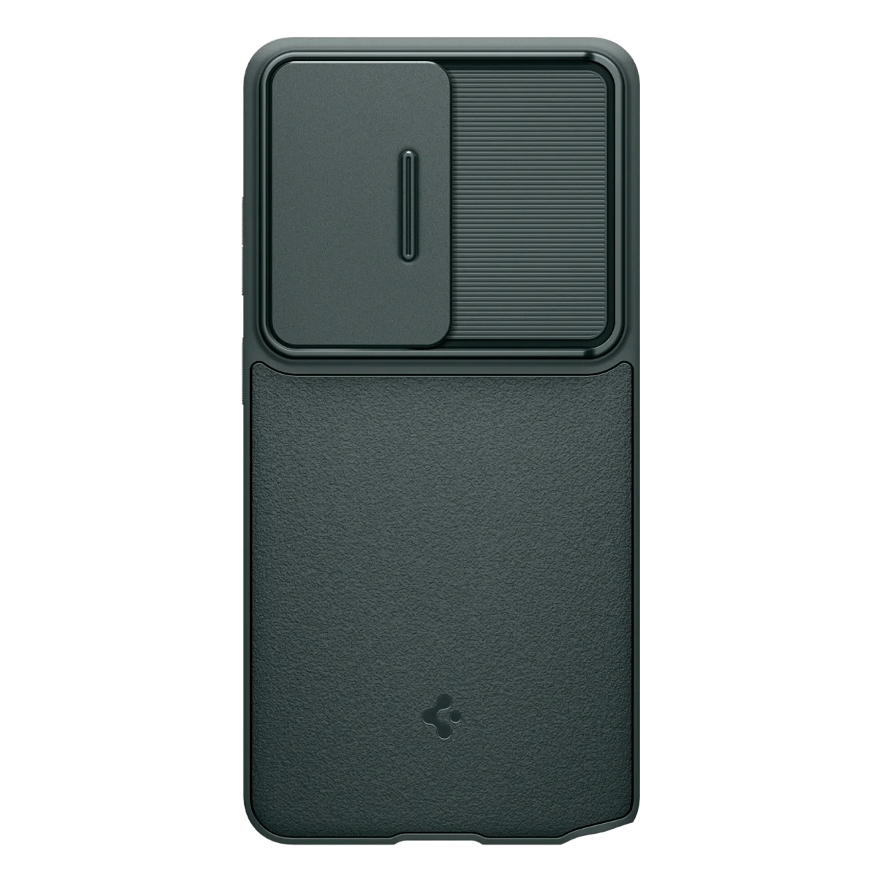 Donkergrijze telefoonhoes met schuifbare cameralens en getextureerde grip.